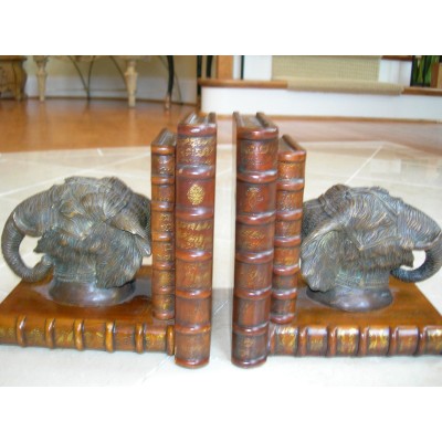 Theodore Alexander Pair of Walnut Faux Book Elephant Head Bookends   252245428052
